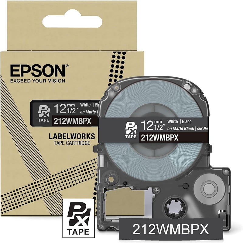LABELWORKS Epson 212WMBPX Genuine PET (Polyester) Tape Cartridge - White on Black Matte Designer Craft Label Maker Tape - 1/2" (12MM) Wide, 26' - Image 1